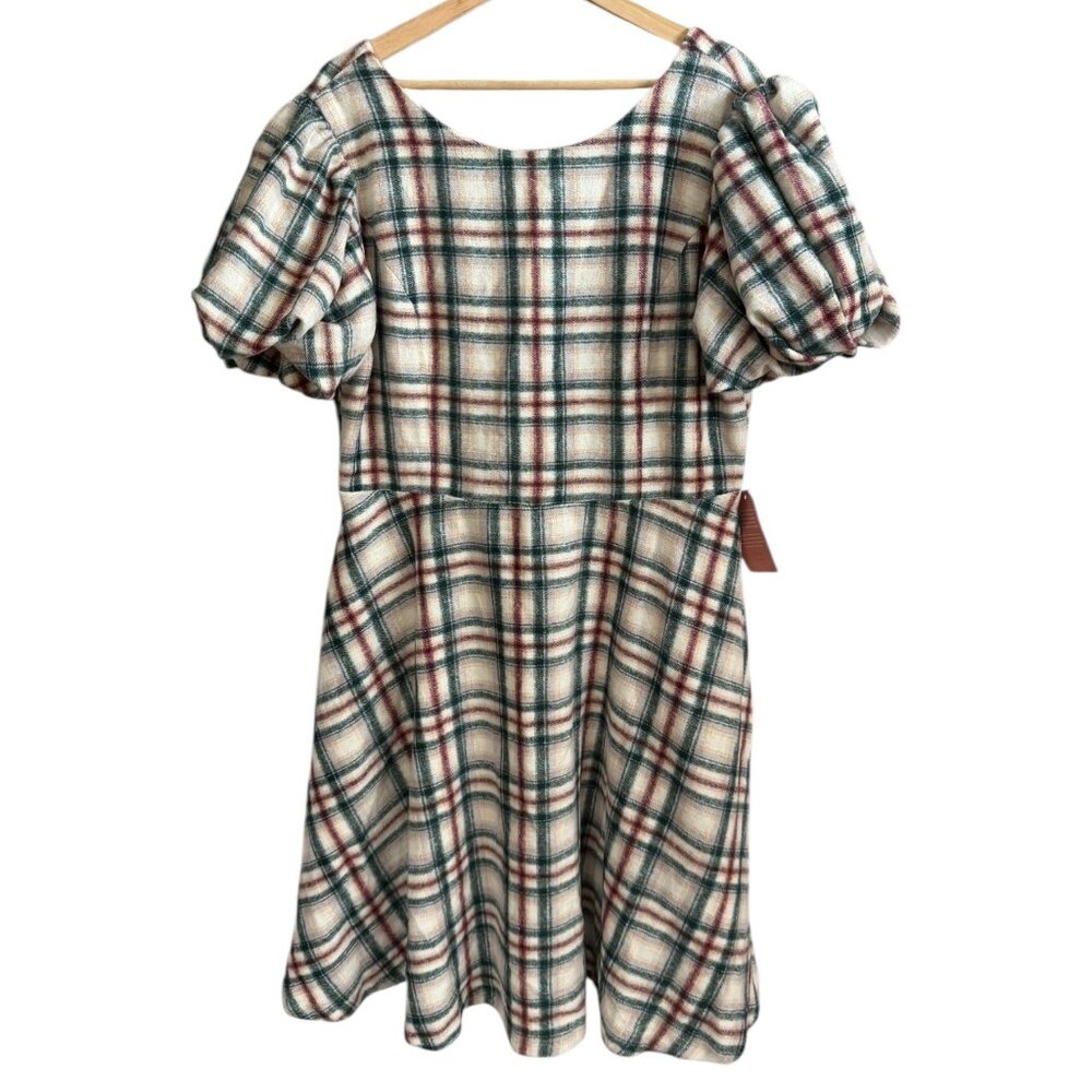 Ivy City Molly Plaid Puff Sleeve Flare Knee Length Dress Cream XL Modest Winter